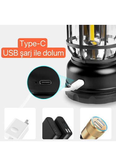 Shufa Nostaljik Işığı Ayarlanabilir Usb Şarjlı Ledli Siyah Kamp Lambası Siyah