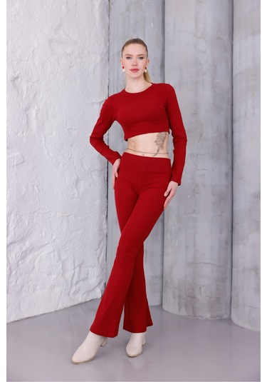 Kadın İspanyol Paça Pantolon Uzun Kollu Parmak Geçirmeli Crop Takım Bordo