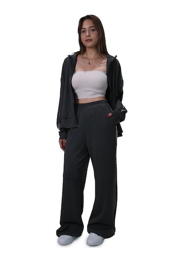 Kadın Modal Kumaş Kontrast Detaylı Antrasit Düz Kesim Pantolon Antrasit