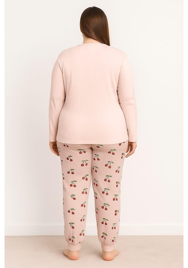 Kadın 0268 Büyük Beden Raporlu Pijama Takımı Vizon Vizon