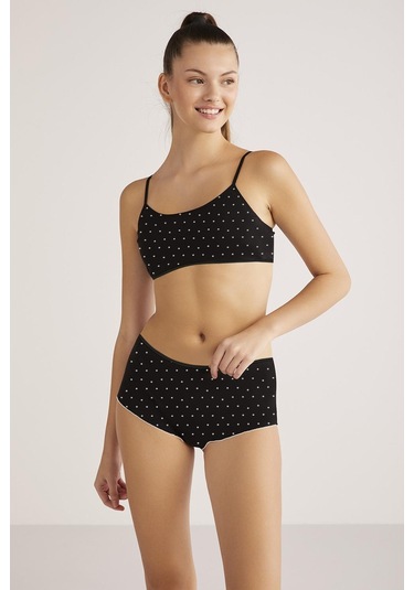 Kom Polka Puantiyeli Kadın Şort Siyah 001