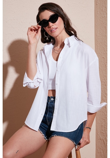 Lela Pamuklu Regular Fit Uzun Kollu Düz Bayan Gömlek Cf25S168305 Beyaz