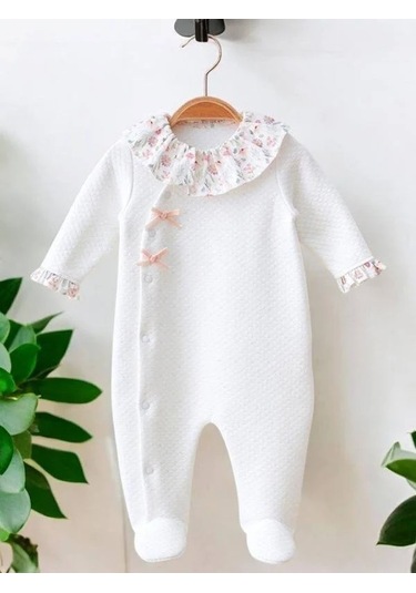 Miomini Baby Kız Bebek Yakalı Patikli Çiçekli Tulum-14959 Ekru