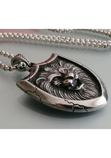 Paslanmaz Çelik Kabaratma Desen Aslan Kolye / 70 Cm Zincirli Gümüş