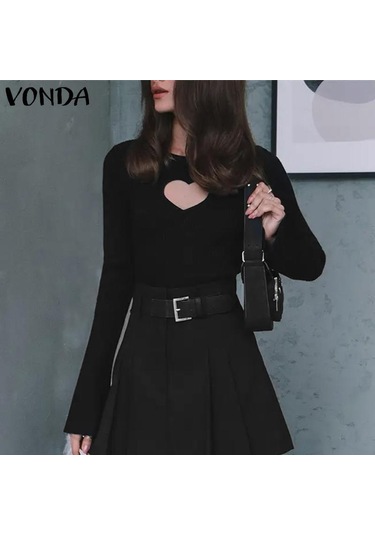 Vonda Kadın Vintage Yuvarlak Yaka Uzun Kollu Dar Kazak Kazaklar Beyaz