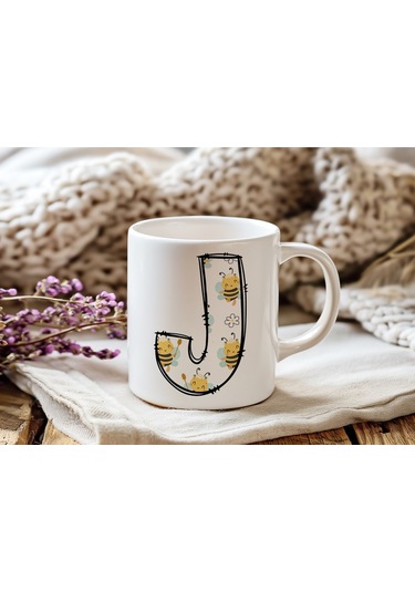 J Harfi Arı Desenli Kupa - Sevimli Hayvan Temalı Kişiye Özel Kahve Kupası - Şans Kupası Beyaz