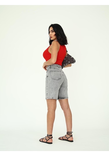 Boru Paça Denim Şort Gri