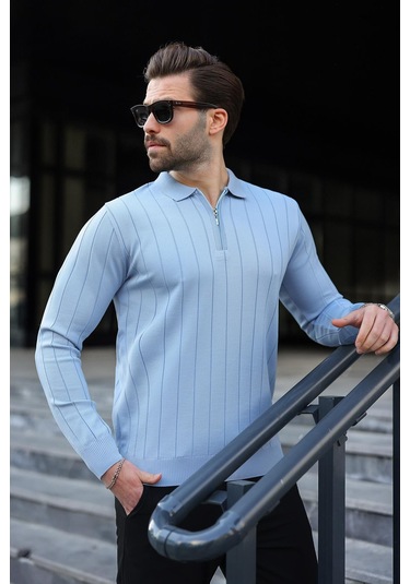 Mavi Polo Yaka Fermuarlı Örme Kazak 7242 Mavi