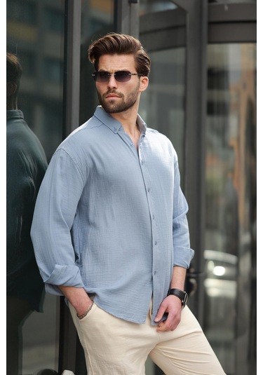 Madmext Mavi Basic %100 Pamuklu Uzun Kollu Erkek Gömlek E6761 Mavi