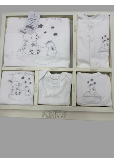 Sevimli Buluttaki Tavşan Desenli 10 Parça Kutulu Yenidoğan Hastane Çıkışı Zıbın Seti Ekru