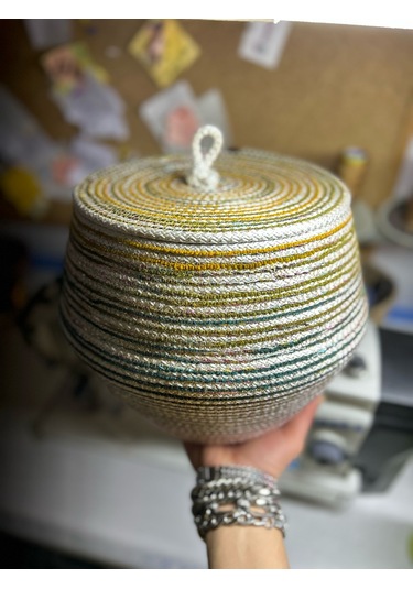 Hasır Sepet, Jüt Sepet, Doğal Hasır Sepet, Çok Amaçlı Dekoratif Hasır Sepet, Renkli Kapaklı Sepet Ekru