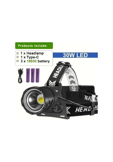 Xuweiwei Ultra Parlak 30w Led Bas Lambasi 1 Far 3 18650 Pil Hafif Type C Sarj Uzun Pil Omru Avcilik Balikcilik Altın