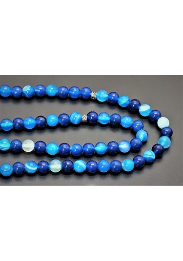 99Lu Namaz Tesbihi - Mavi Akik Doğaltaş Tesbih - 8 MM Küre Kesim