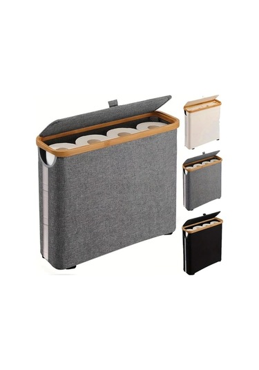 Sunshine011 Gri Sku 1 Adet Bambu Kağıt Havlu Tutucu, Çift Bölmeli Modern Banyo Depolama Sepeti Gri