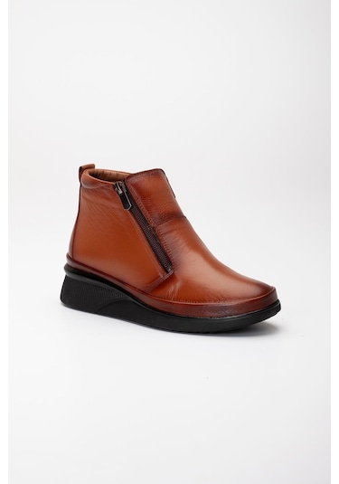 Hakiki Deri Ortopedik Kadın Bot Taba 2 Fermuarlı Dolgu Tabanlı-3296 Taba