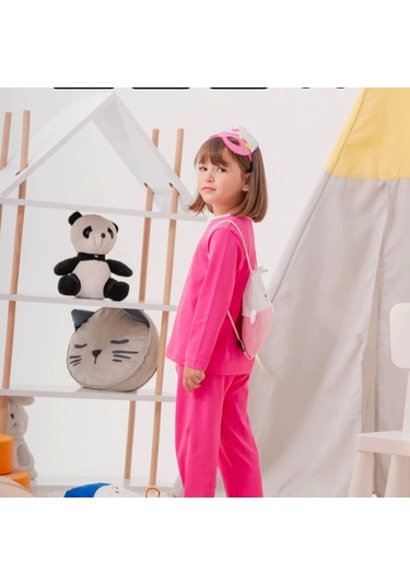 Heroıne Desenli Çanta Ve Maskeli % 100 Pamuk Kız Çocuk Pijama Takımı Gül Kurusu