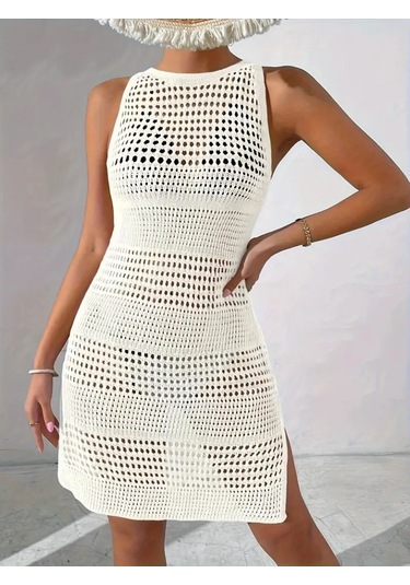 Kadın Askılı Derin Sırt Dekolteli Ajurlu Triko Pareo Beyaz