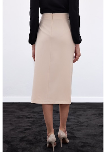 Sateen Düğme Detaylı Kalem Etek - Bej-136777 Bej