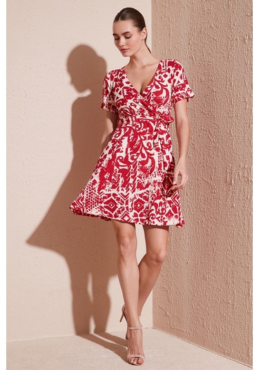 Lela Desenli Kruvaze Yaka Regular Fit Bayan Elbise 5865723 Bordo