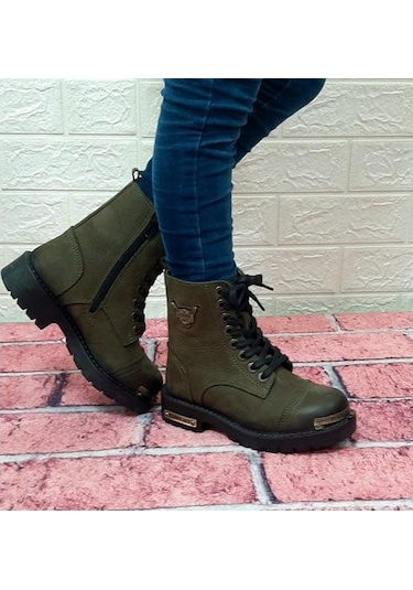 Hammerjack 17600.F Haki Hakiki Deri Fermuarlı Bağcıklı Çocuk Bot