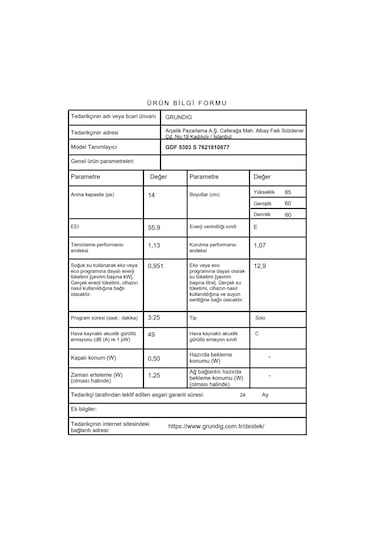 Grundig GDF 5303 S 5 Programlı 14 Kişilik Bulaşık Makinesi