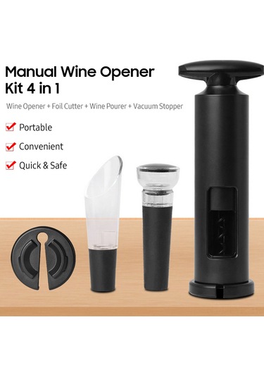 Ranyeek Siyah Manüel Şarap Açıcı Seti - Açıcı, Kepçe, Vakum Kapama Ve Zarf Kesici İle Şarap Açma, Dökme, Saklama Gereci Siyah