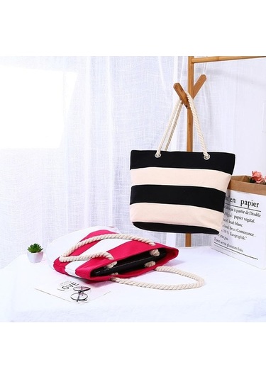 Novahub Kalın Keten Halat Saplı Çizgili Tuval Plaj Çantası - Büyük Kapasite Kırmızı Beyaz - Seyahat Alışveriş İçin Kadınlar İçin Kırmızı - Beyaz