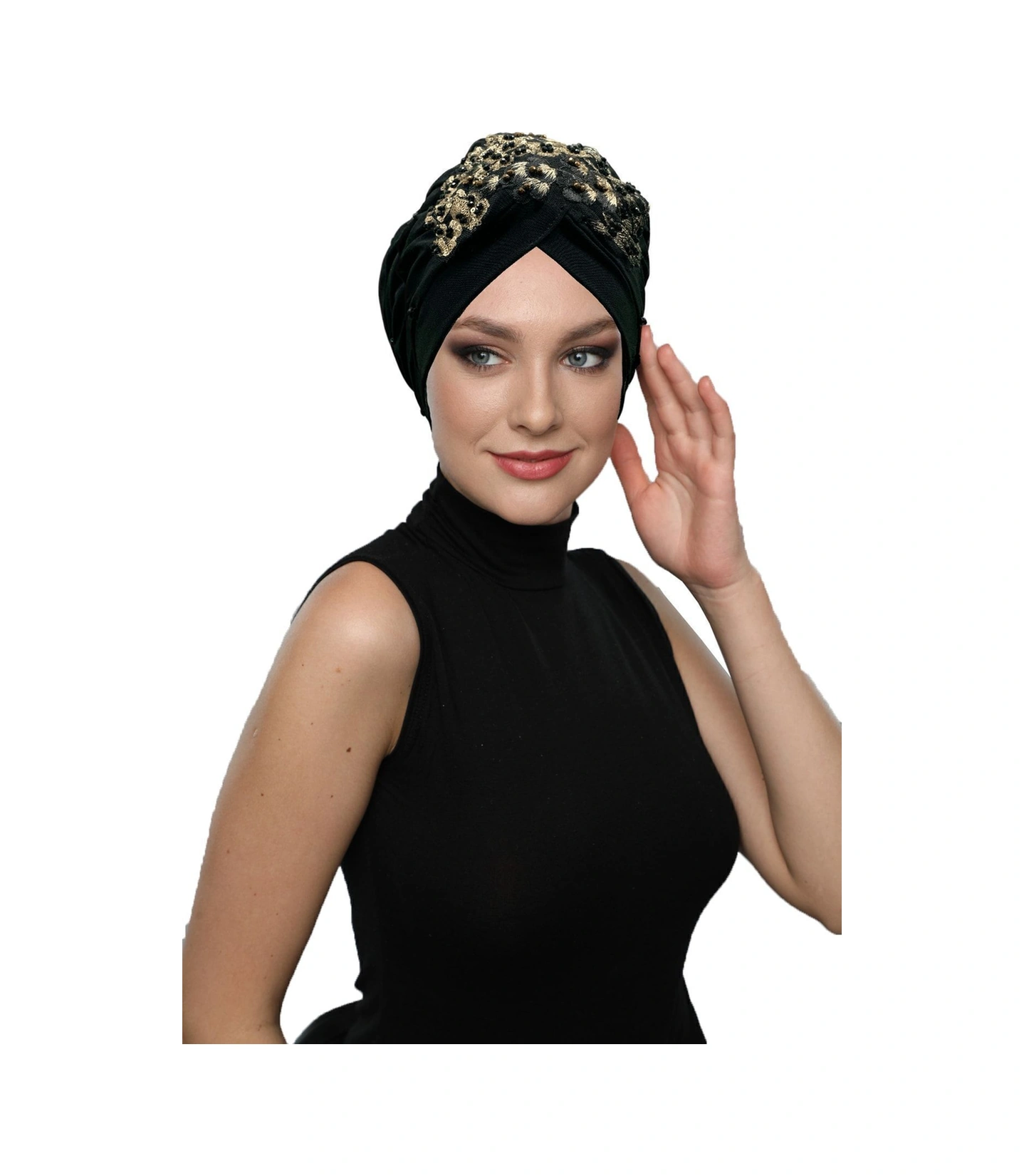 Kopma Astarlı Işlemeli Siyah Sırma Motifli Hazır Türban Tesettür Abiye Bone Siyah Sırma