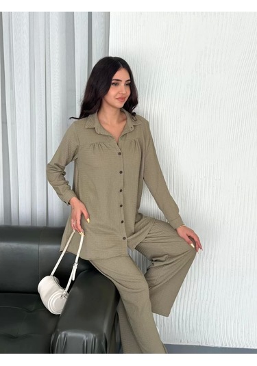 Yakalı Düğmeli Uzun Kollu Gömlek Pantolon İkili Takım - Bej Bej