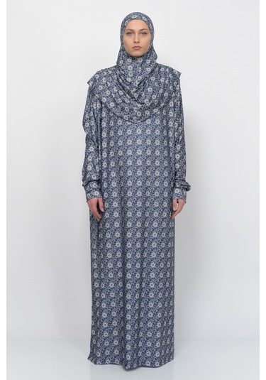 Pratik Tek Parça Güneş Desenli Kollu Tak Çıkar Başörtülü Likralı Tesettür Namaz Elbisesi 990-0302 Lacivert Antrasit