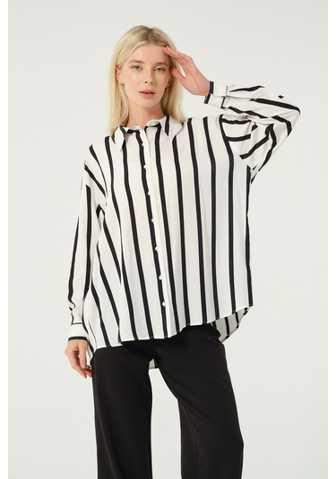 Basic Oversize Çizgili Gömlek Siyah Beyaz Siyah - Beyaz