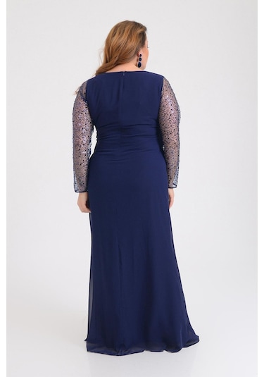 Lilas Xxl Kadın Büyük Beden Şifon Uzun Abiye Elbise 9651 Lacivert Lacivert