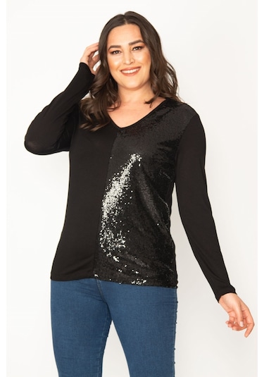 Kadın Siyah Yarısı Pul Payet Detaylı V Yaka Bluz 65n30422-siyah Siyah