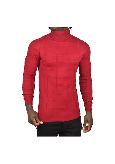 Deepsea Erkek Bordo Kare Desenli Balıkçı Yaka Slim Fit Boğazlı Triko Kazak 2505493 Bordo