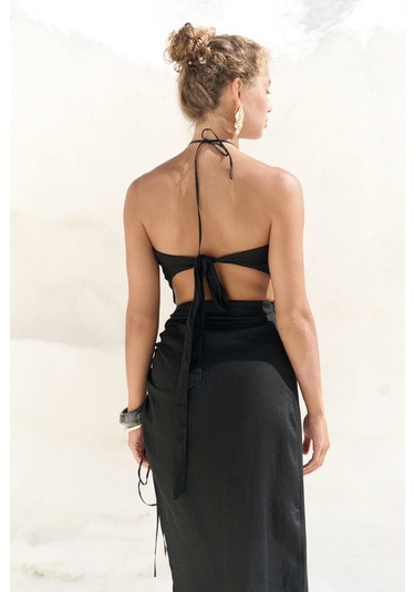Abrossa Boyundan Bağcıklı Asimetrik Siyah Keten Elbise siyah