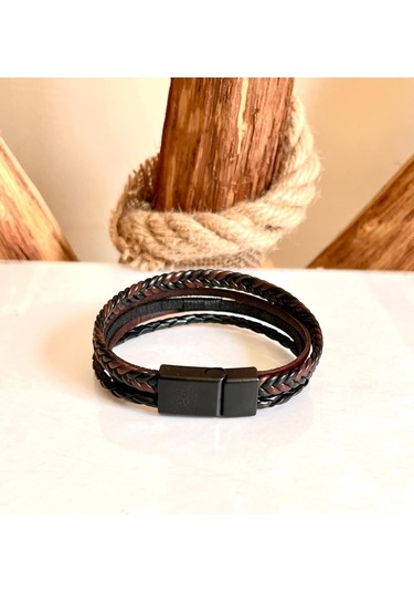 %100 Deri 5li Kombin Kahverengi Erkek Bileklik 21cm Türk Üretim Kahverengi - Siyah