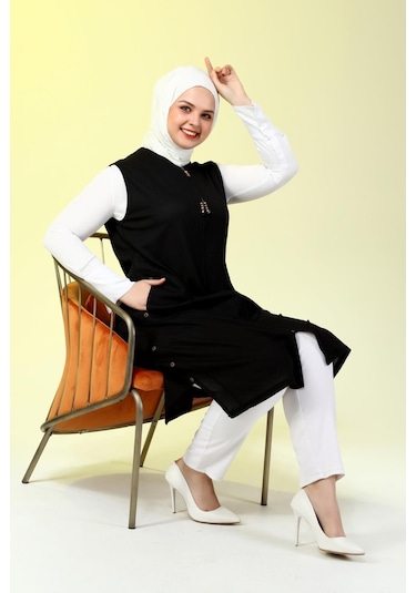 Kadin Buyuk Beden Petek Kumaş Cepli Fermuarlı Düğmeli Yelek 001