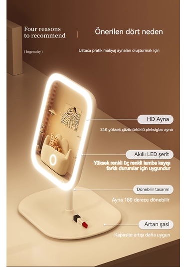 Led Akıllı Makyaj Aynası Işık Kız Yatak Odası Makyaj Masası Makyaj Aynası Masaüstü Makyaj Aynası Altın