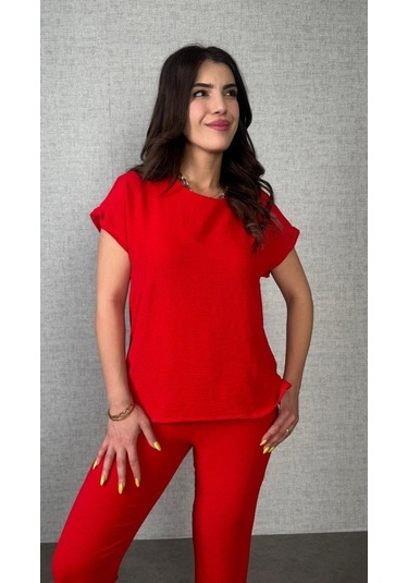 The İstanbul Kadın Kısa Kollu Yuvarlak Yaka Aerobin Bluz Ve Pantolon Ikili Takım Kırmızı