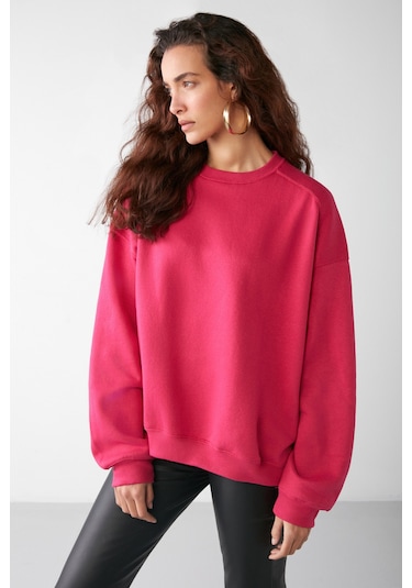 VANELTINA  Kadın Bisiklet Yaka İçi Polarlı Oversize Fit Basic Pembe Sweatshirt