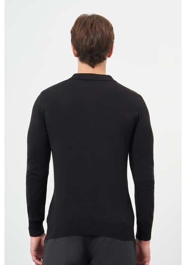 Siyah Uzun Kol Kendinden Desenli Örme Polo Yaka Classic Comfort Fit Triko 1012245156 Siyah