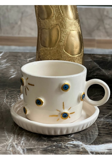 Kabartma Altın Nazar Boncuklu Fincan