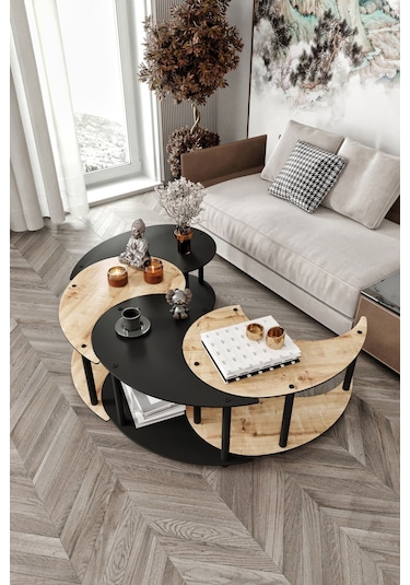 Yin Yang Unıty Serenıty Orta Sehpa 4 Lü Safir Meşe Siyah 90 Cm Siyah