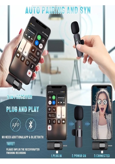 2'li Kablosuz 3in1 Yaka Mikrofonu Type-c Lighting 3.5mm Jack Uyum