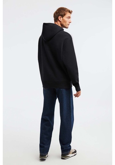 Olympos Erkek %100 Organik Pamuk 3 Iplik Oversize Baskılı Kapüşonlu Kordonlu Siyah Sweatshirt