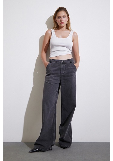 Never More Yüksek Bel Geniş Paça Jean Füme