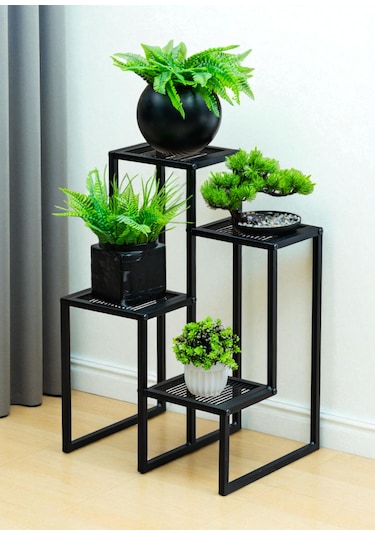 Dekoratif Metal 4 Raflı Saksılık Katlı Dikey Saksı Standı Çiçeklik Bahçe Ve Balkon Dekoru Garden Siyah