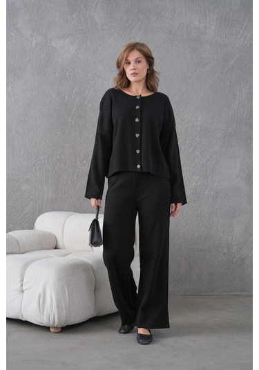 Kadın Bisiklet Yaka Düğme Kapama Kaşkorse Ceket Pantolon İkili Triko Takım Siyah