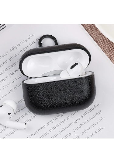 Airpods Uyumlu Pro 2. Nesil Lüx Deri Suni Deri Kılıf 360 Koruma+kanca Siyah
