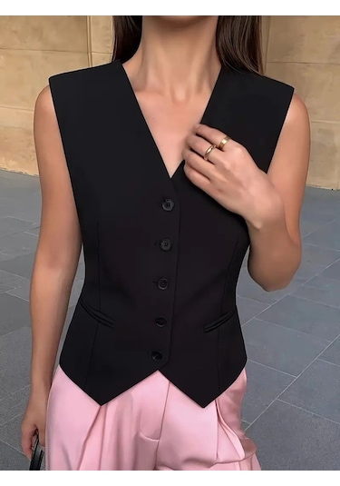 Sensuelle Kadın Sıfır Kollu Önden Düğmeli Atlas Yelek Siyah